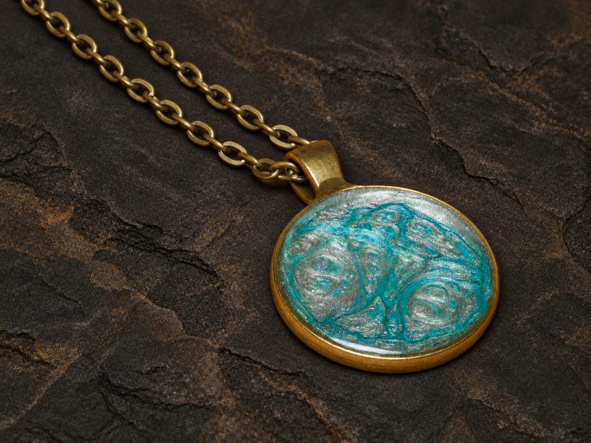 Tidal Archive round pendant and antique gold link chain detail