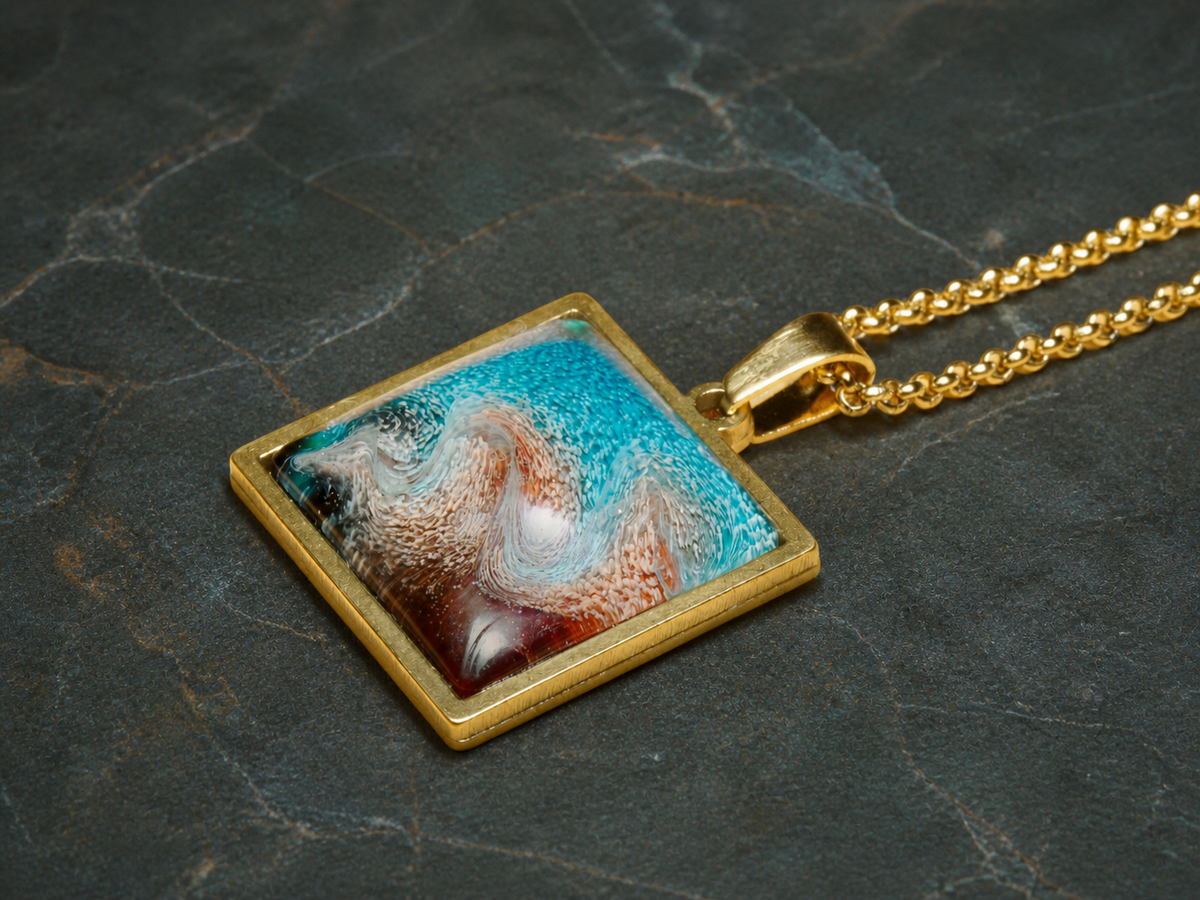Angled close view of the Tidal Fault square pendant