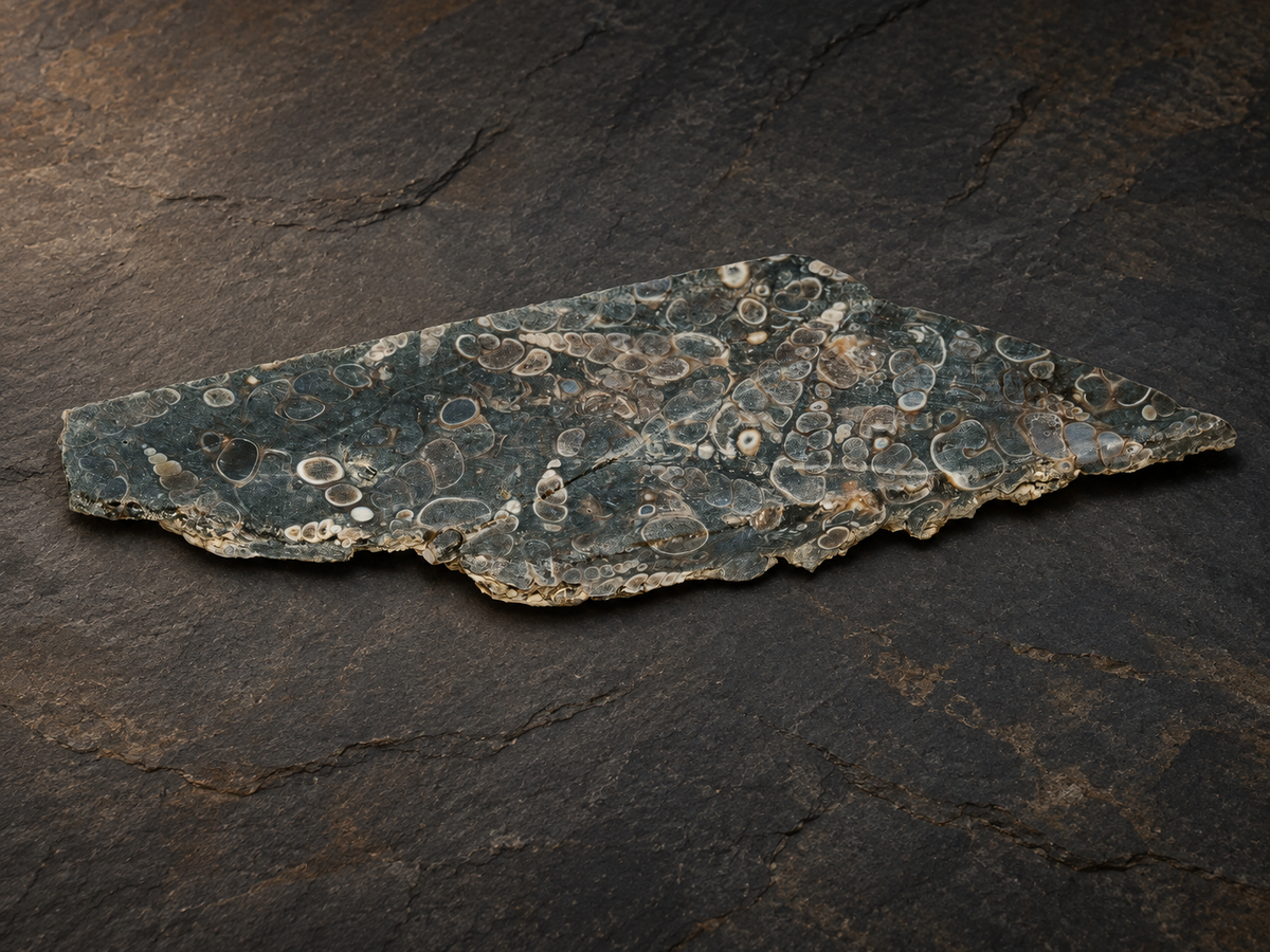 Full Wyoming Turritella fossil slab lying on dark geological stone