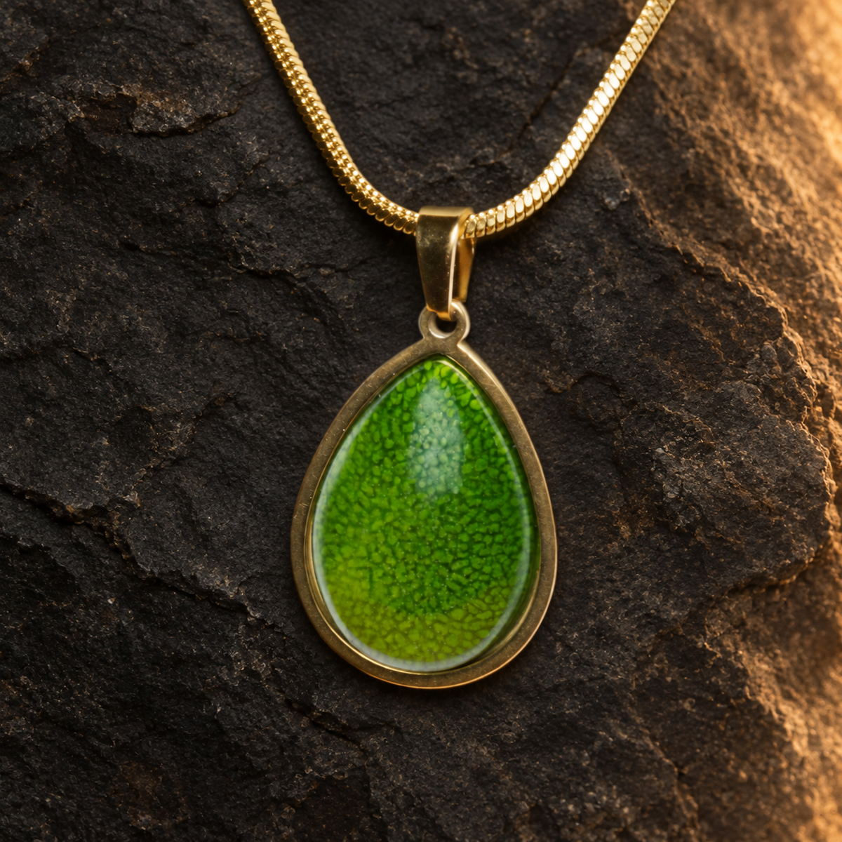 Verdant Archive green teardrop pendant, front close-up