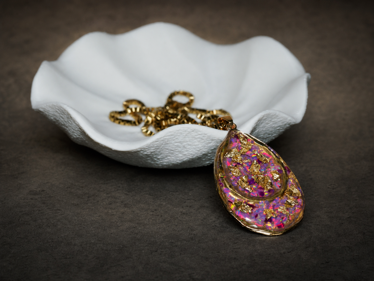 Violet Fire Amethyst & Purple Bello Opal Pendant, pendant, angled view.