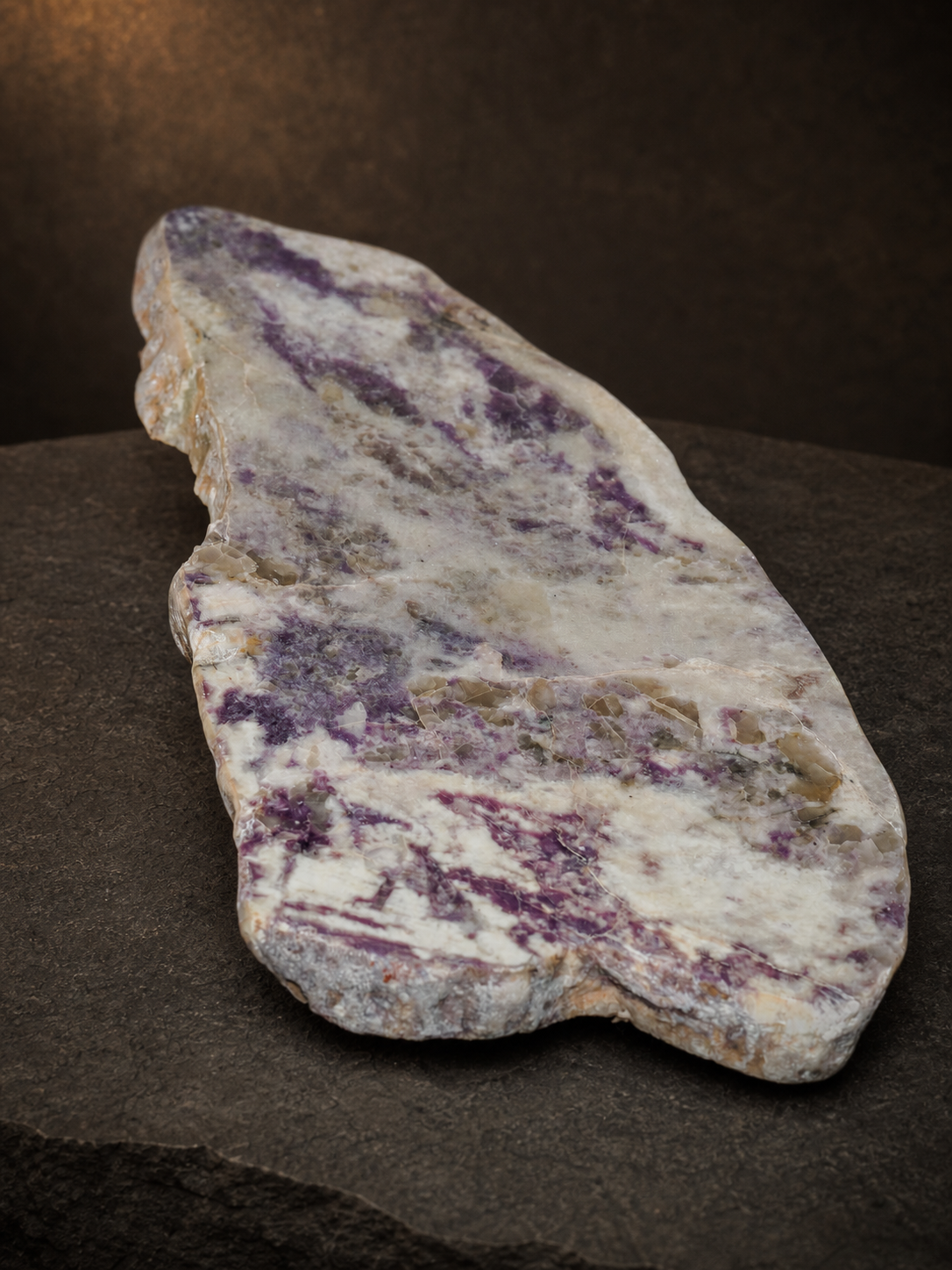 Purple Lepidolite in Quartz & Feldspar Slab — 447 g, mineral slab, angled view.