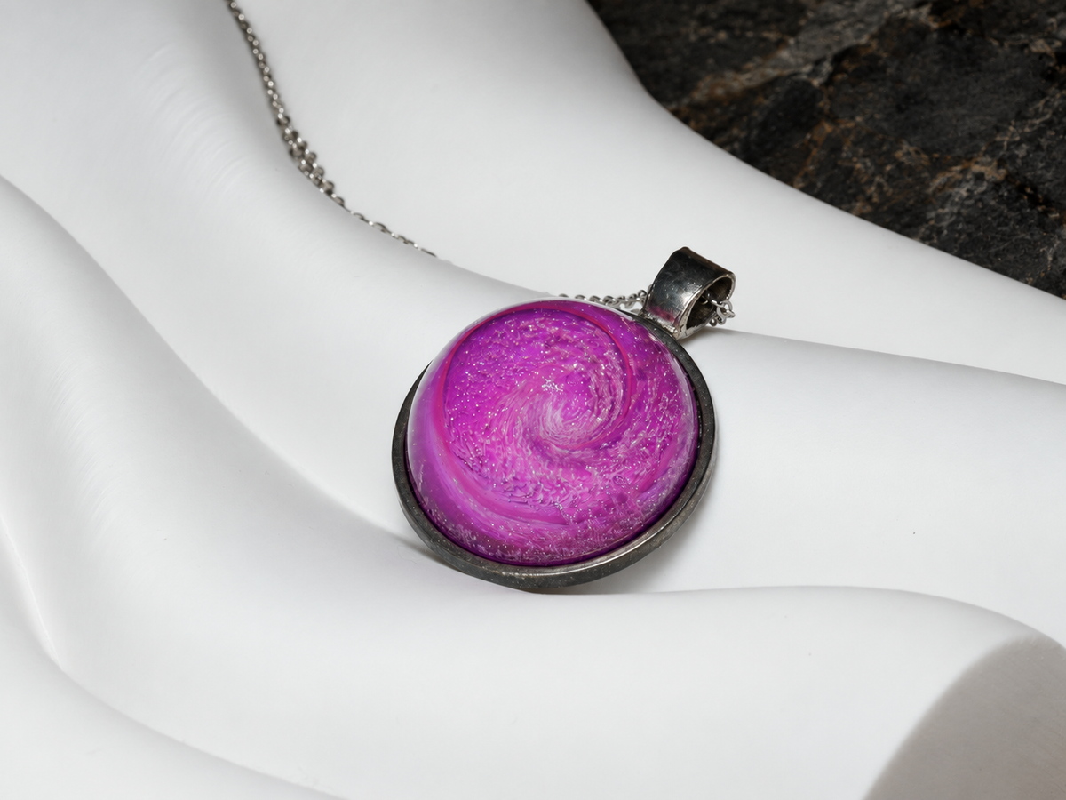 Rose Nebula pink round pendant angled view