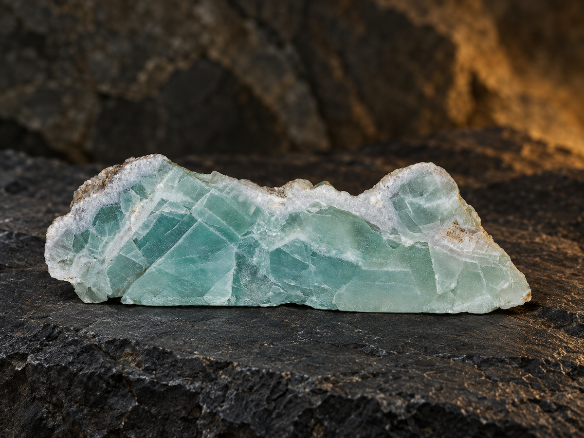 Close display view of seafoam-green fluorite on charcoal basalt