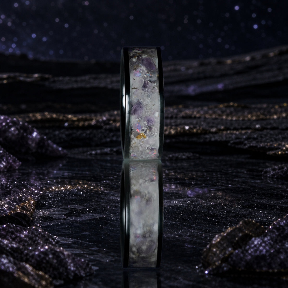 Upright view of the Star-Dust Amethyst ring against a deep-time starfield