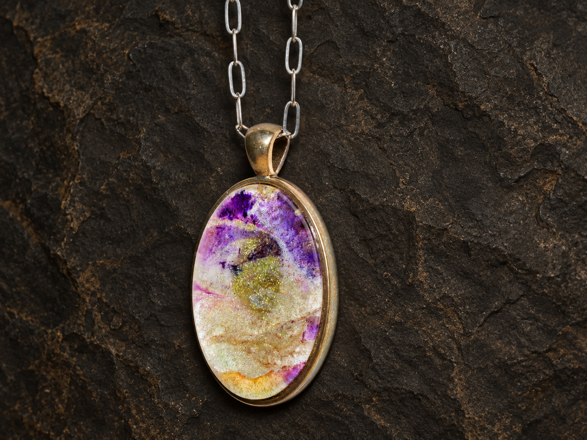 Violet Strata oval pendant front detail with silver link chain