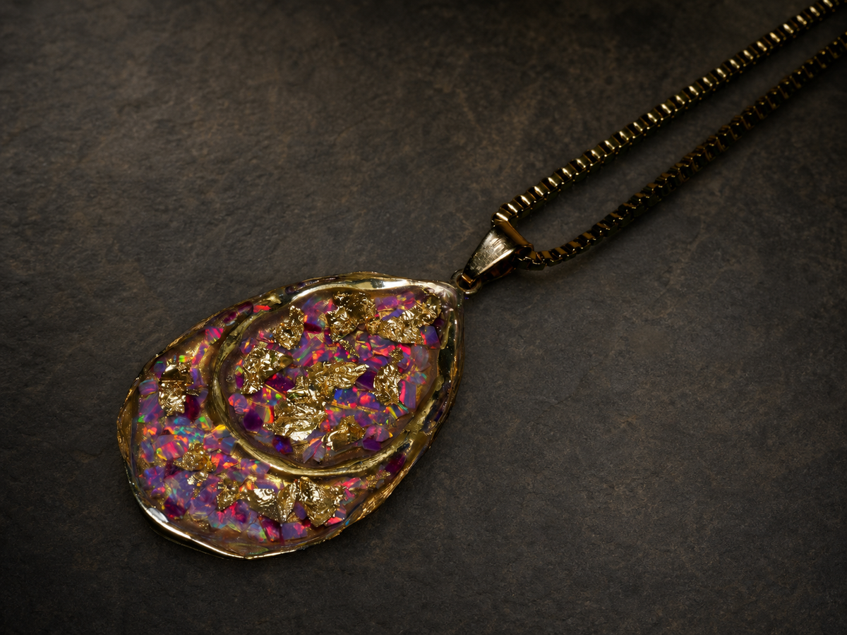Violet Fire Amethyst & Purple Bello Opal Pendant, pendant, angled view.