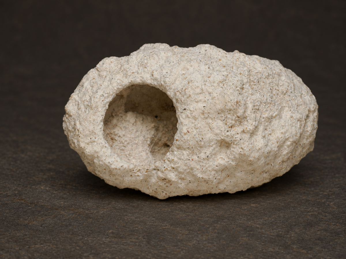 Cream Fairy Bonnet fossil showing a rounded opening and its preserved interior.
