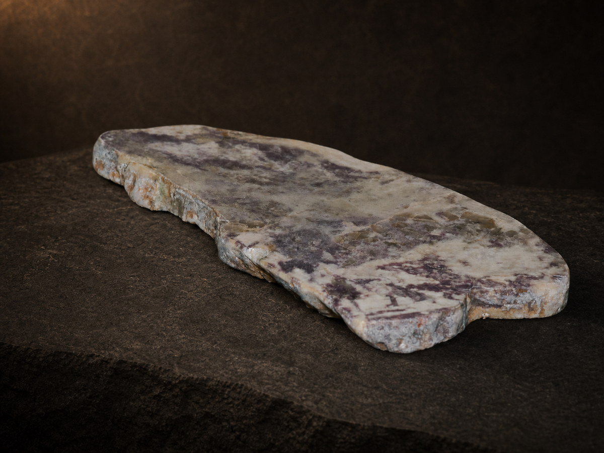 Purple Lepidolite in Quartz & Feldspar Slab — 447 g, mineral slab, reverse view.