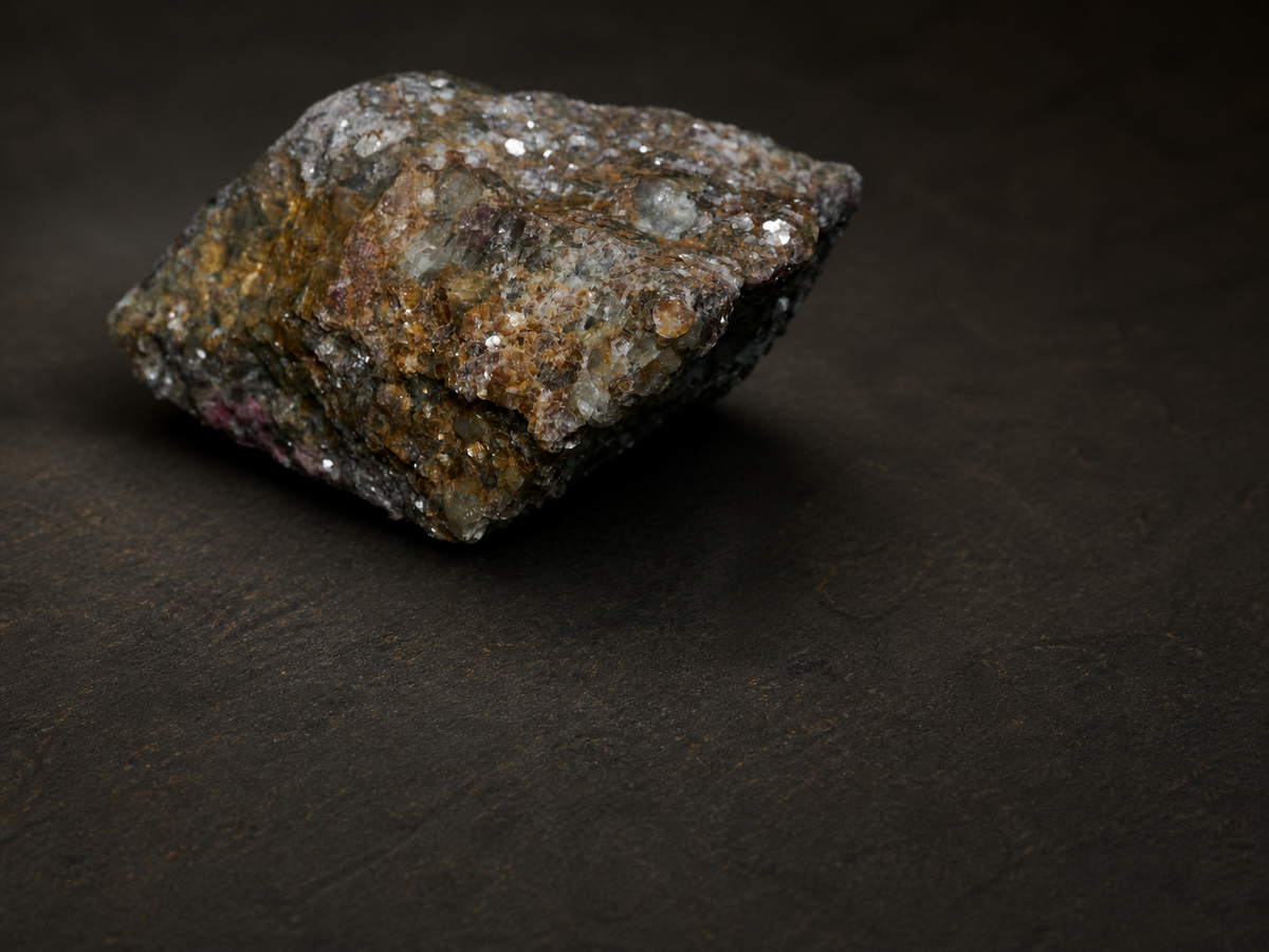 Ravensthorpe Rubellite in Lepidolite — 141 g Cabinet Specimen, mineral specimen, angled view.