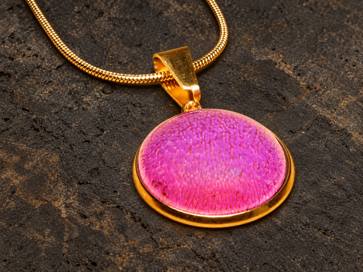 Rose Strata pink textured disc pendant, front detail
