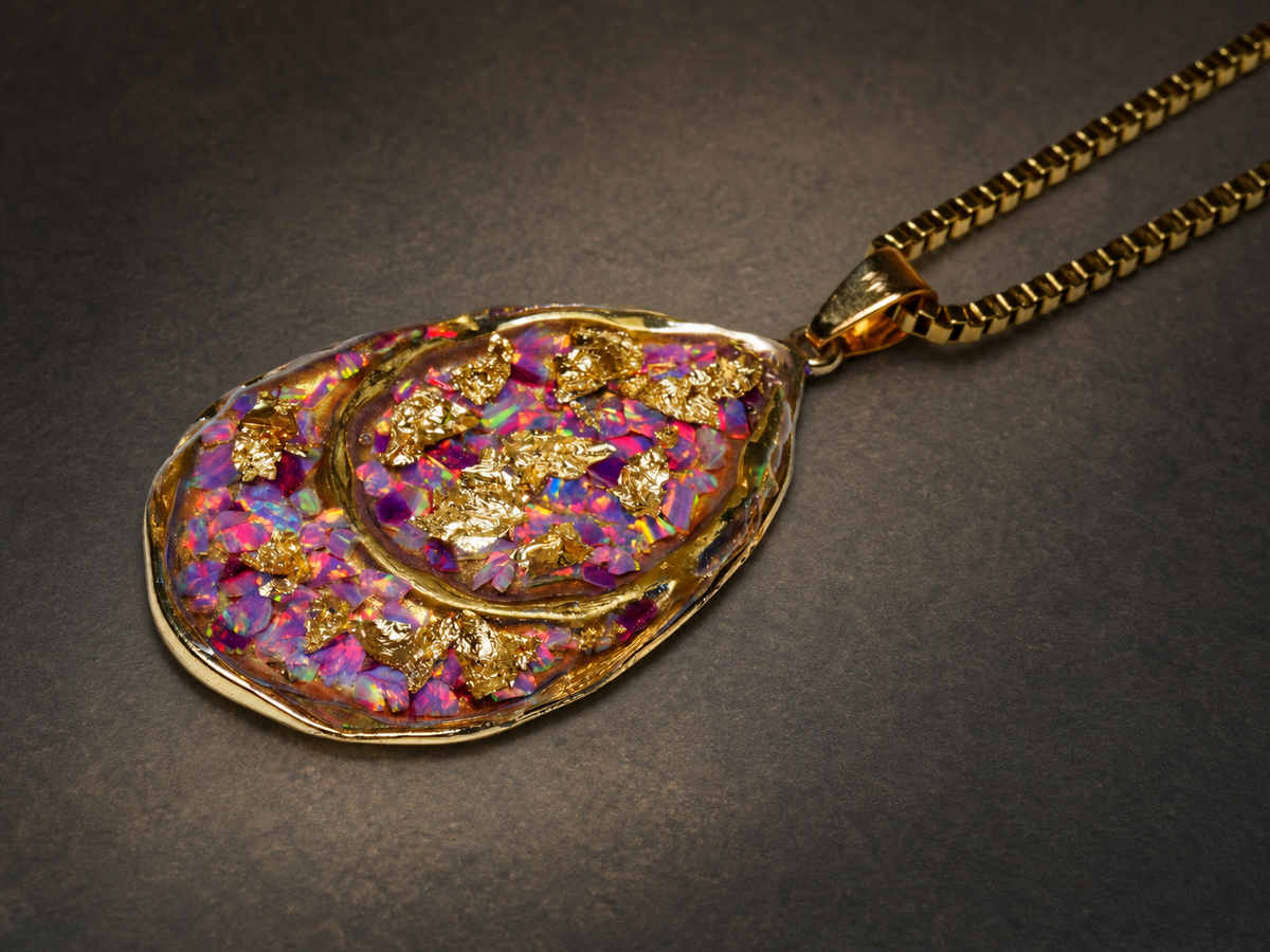 Violet Fire Amethyst & Purple Bello Opal Pendant, pendant, close-up detail.