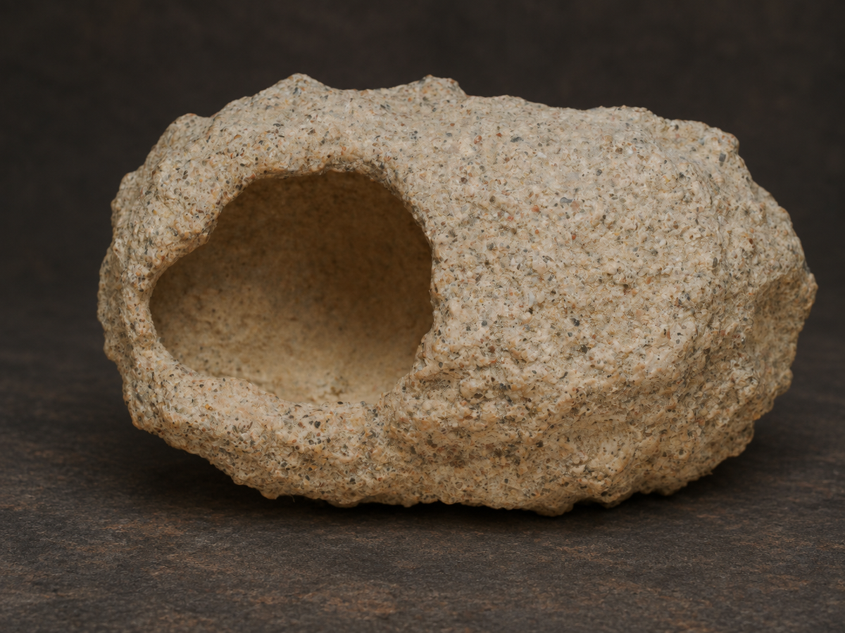 Sand and grey-speckled Fairy Bonnet fossil showing its broad natural opening.