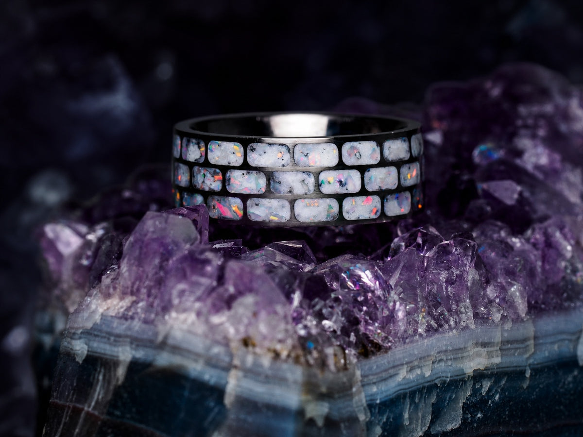 Daylight view of the Titanium Opal Glow Ring on amethyst