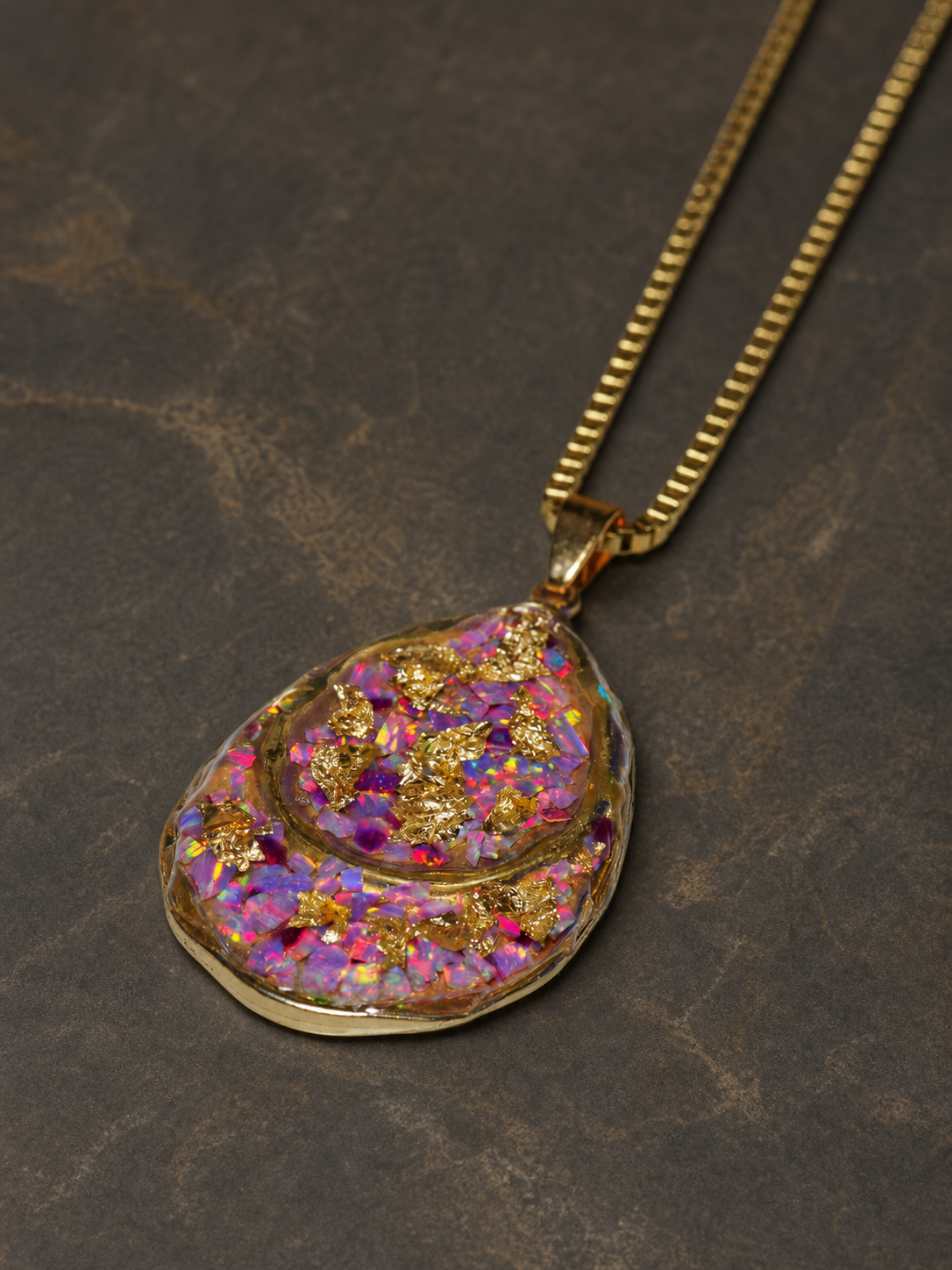 Violet Fire Amethyst & Purple Bello Opal Pendant, pendant, angled view.