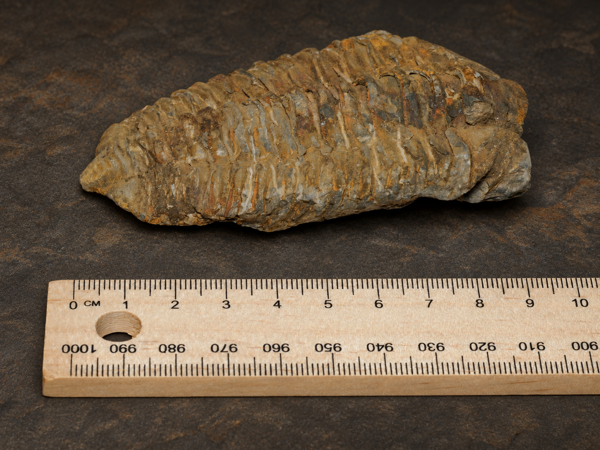 Moroccan Calymene Trilobite Fossil — Silurian Period, Large, measurement view with ruler.
