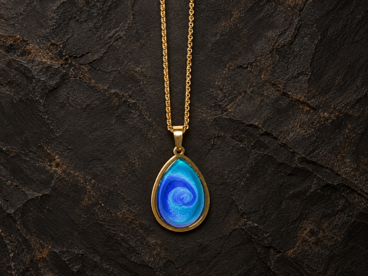 Abyssal Current blue teardrop pendant necklace front view