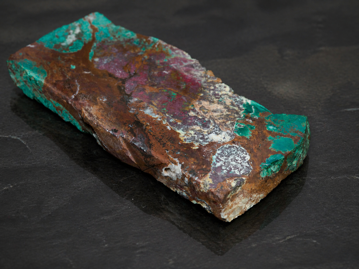 DeGrussa malachite with cuprite specimen, diagonal view