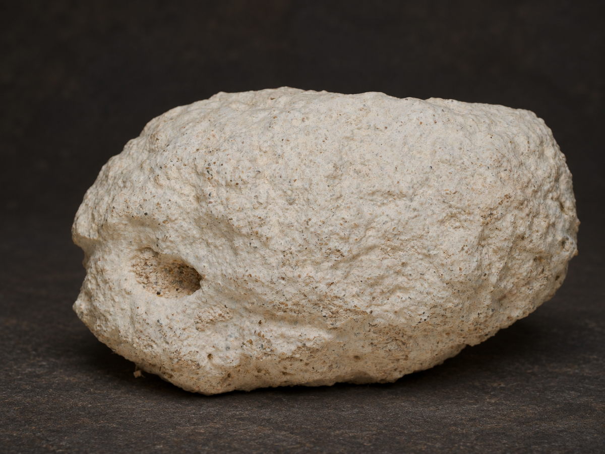 Pale Fairy Bonnet fossil exterior showing a small natural opening on one side.