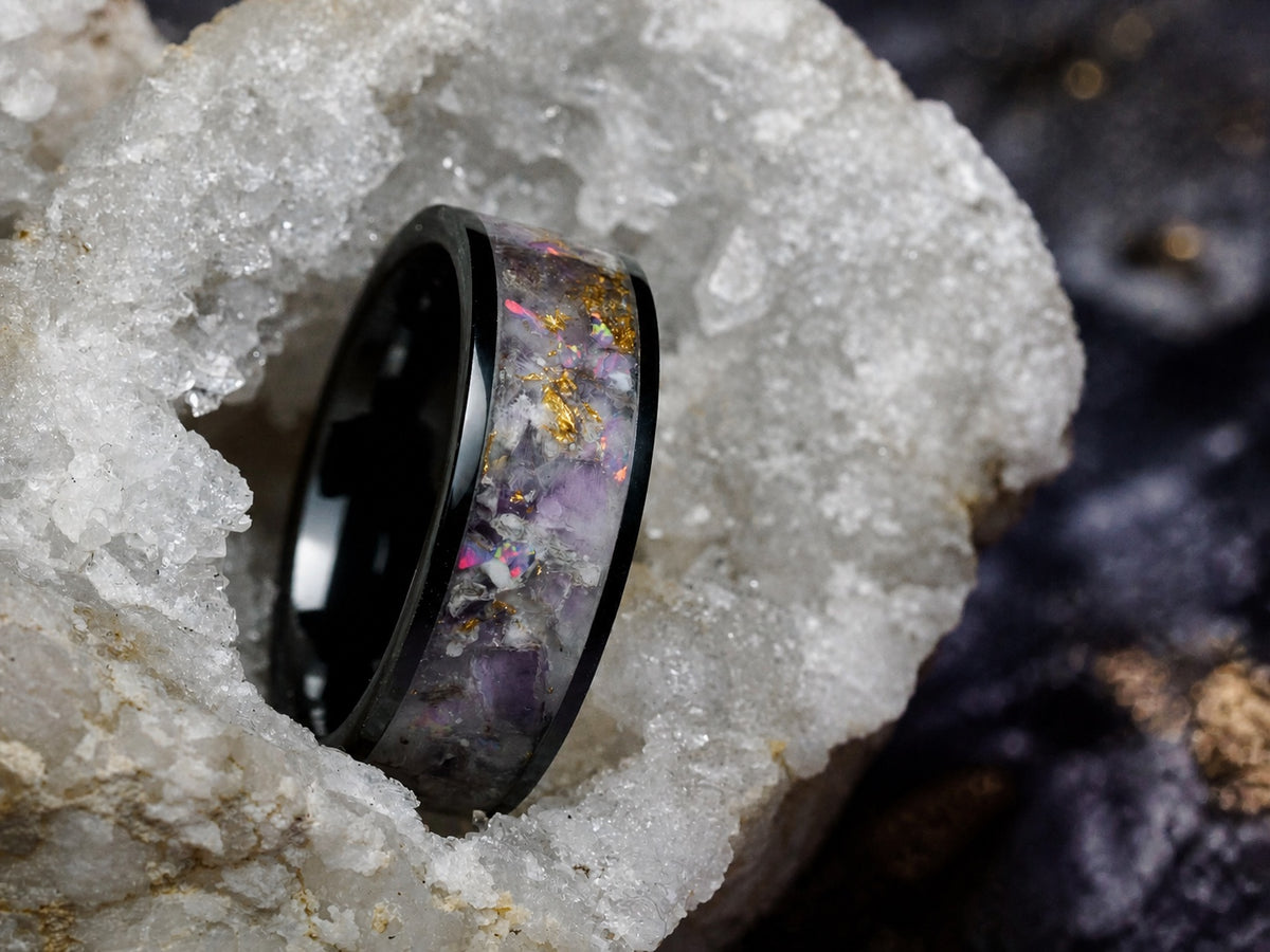 Star-Dust Amethyst ring nestled into a white crystalline geode
