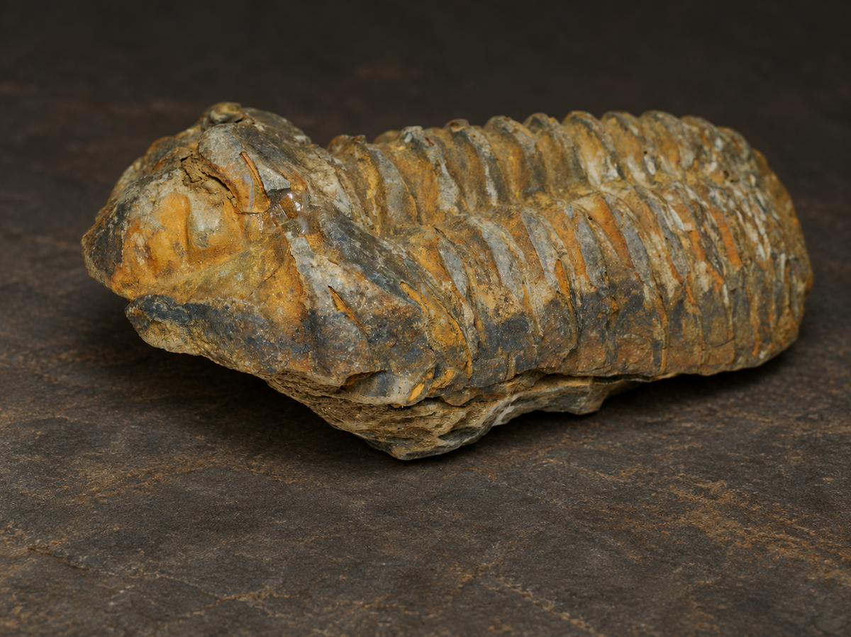 Moroccan Calymene Trilobite Fossil — Silurian Period, Large, side detail.