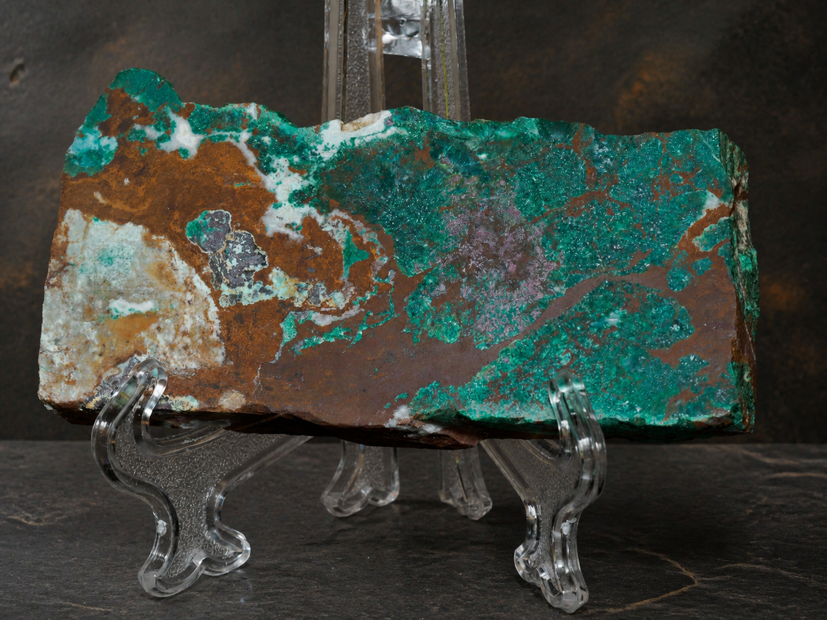DeGrussa malachite with cuprite specimen on clear acrylic stand, horizontal view