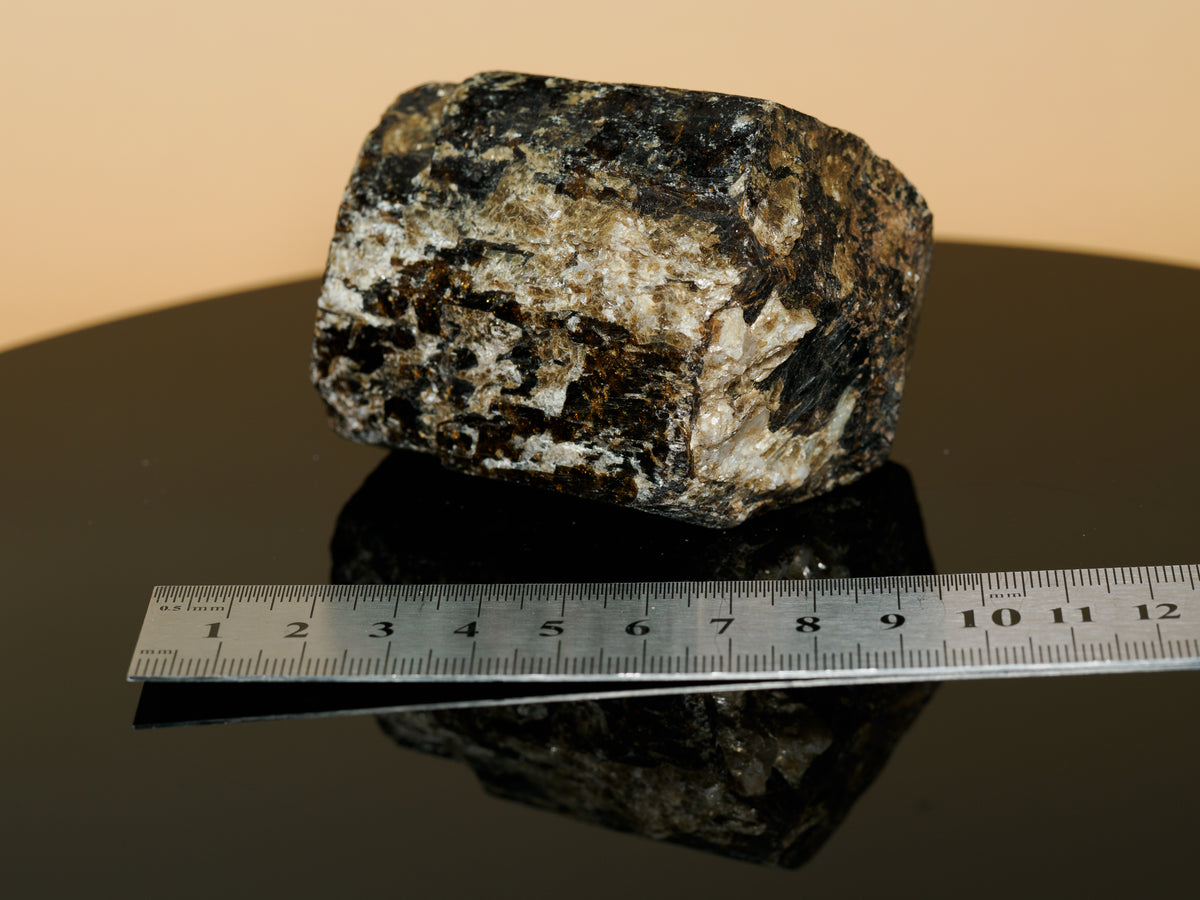 Black Tourmaline (Schorl) in Quartz & Mica — 373 g, mineral specimen, angled view.