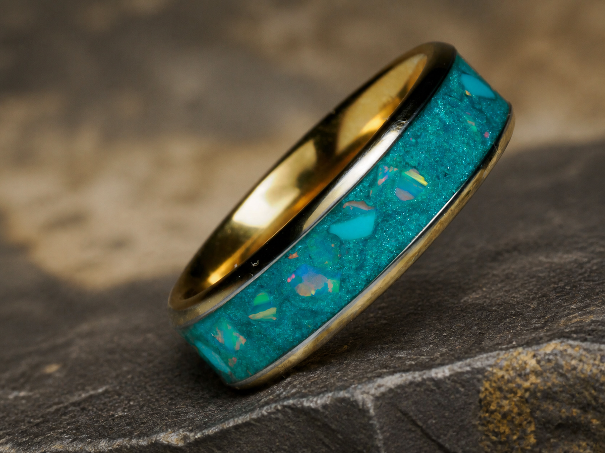 Tidal Archive Ring angled detail showing turquoise and Turquoise Bello Opal inlay on stratified stone
