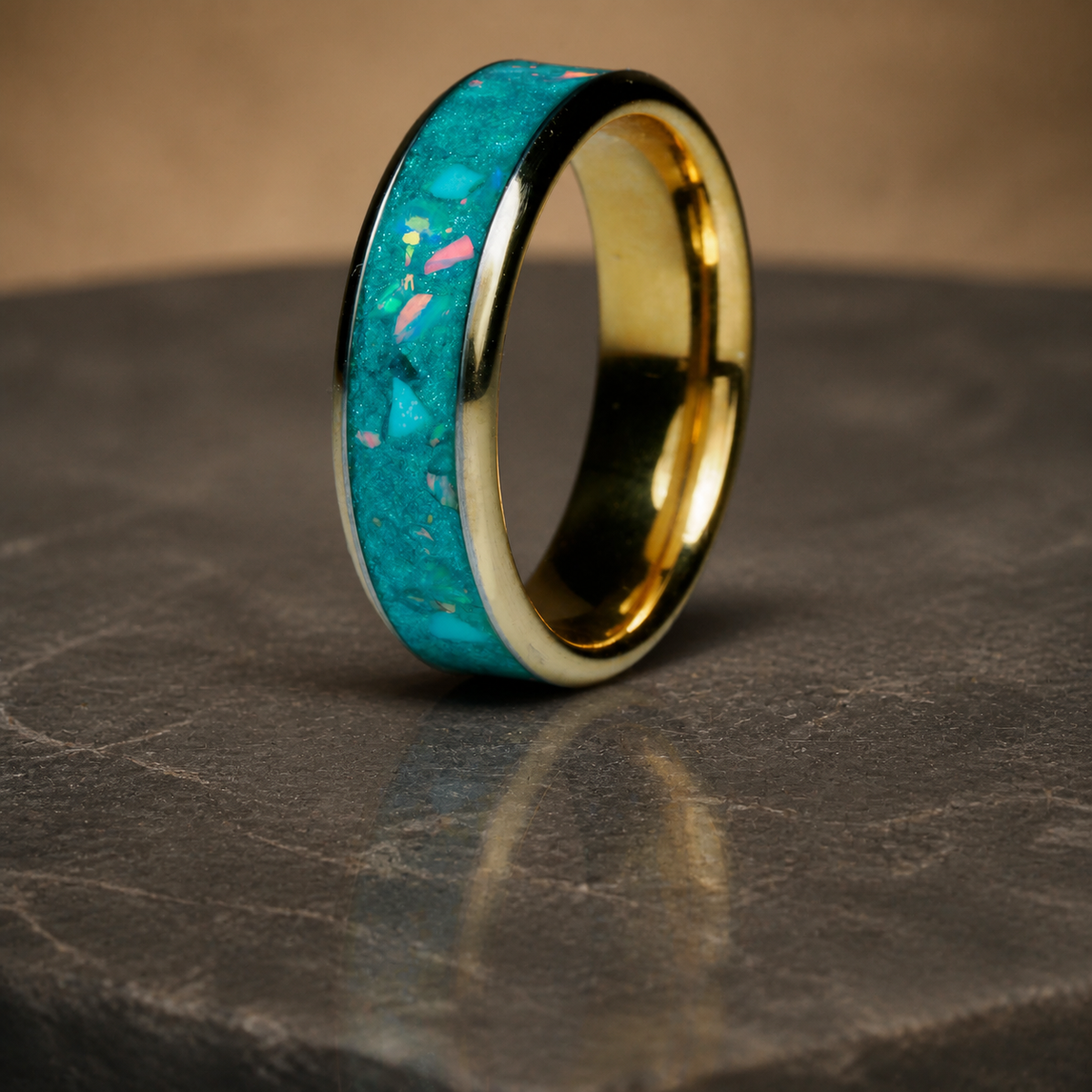 Tidal Archive Ring angled three-quarter view with turquoise and opal inlay