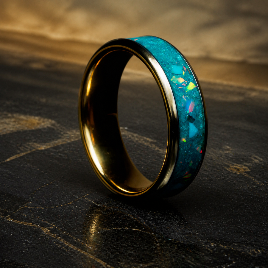 Tidal Archive Ring gold-plated tungsten carbide ring with natural turquoise and Turquoise Bello Opal inlay on dark stratified slate