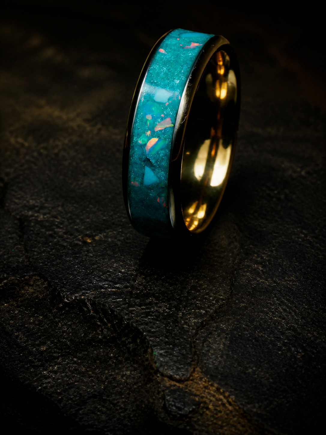 Tidal Archive Ring upright close view showing turquoise and iridescent opal inlay
