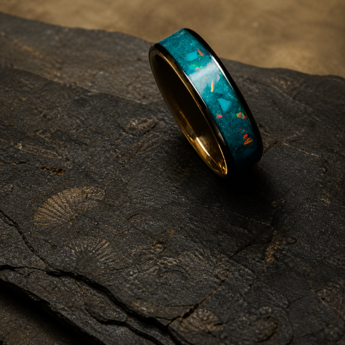 Tidal Archive Ring angled view with natural turquoise and Turquoise Bello Opal inlay on geological slate