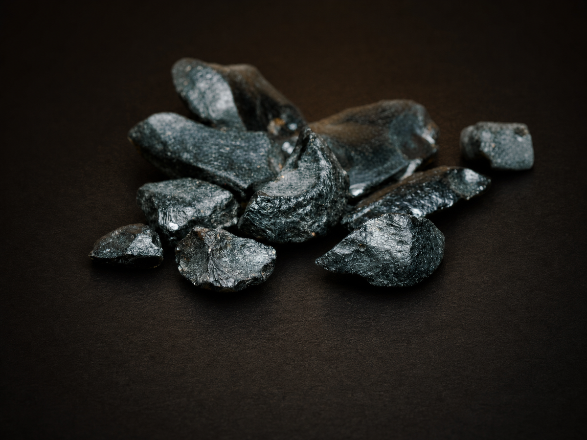 Australite Tektite Chips — Western Australia (2 g), impact-glass specimen, angled view.
