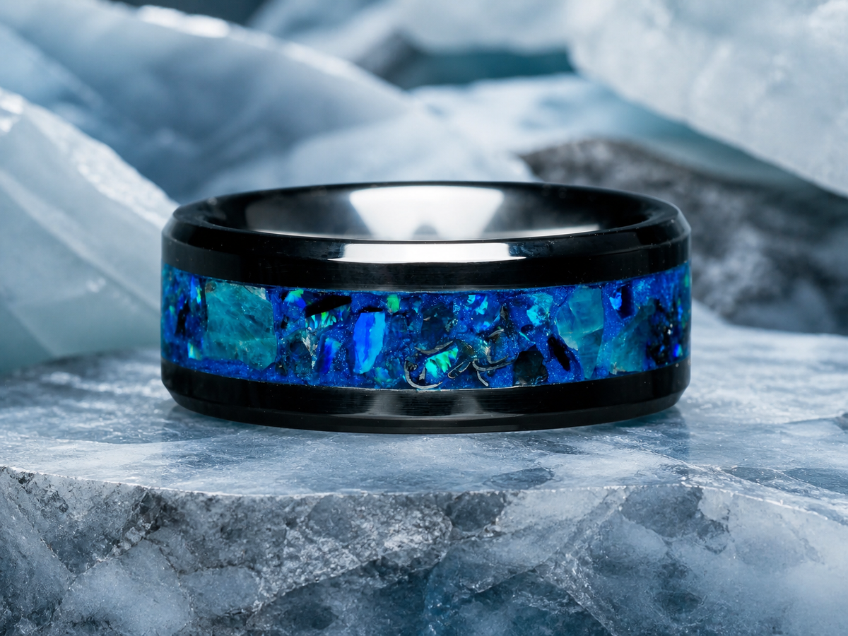 Abyssal Impact cobalt blue meteorite inlay ring on layered blue ice