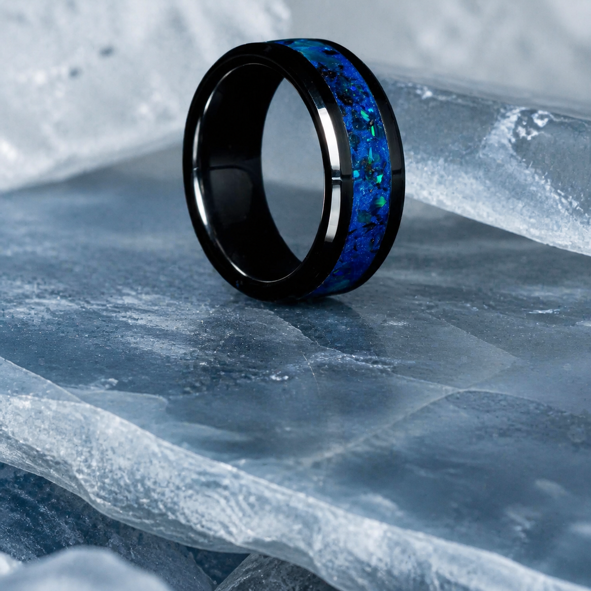 Abyssal Impact upright tungsten ring with cobalt blue inlay on glacial ice