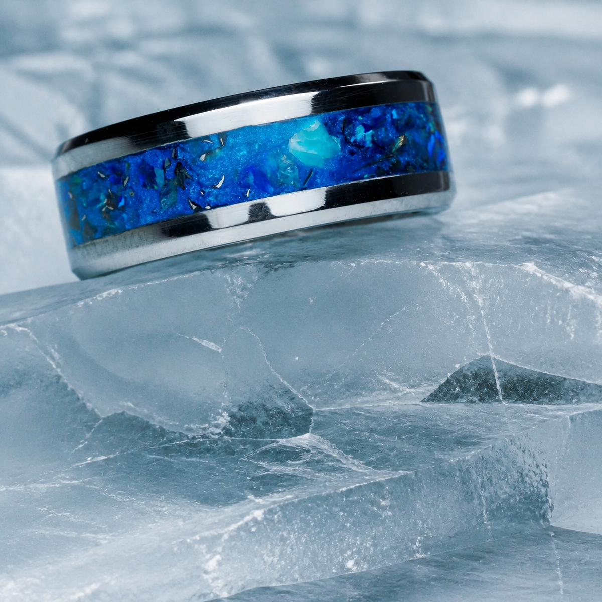 Abyssal Impact detailed blue meteorite inlay on a pale ice slab
