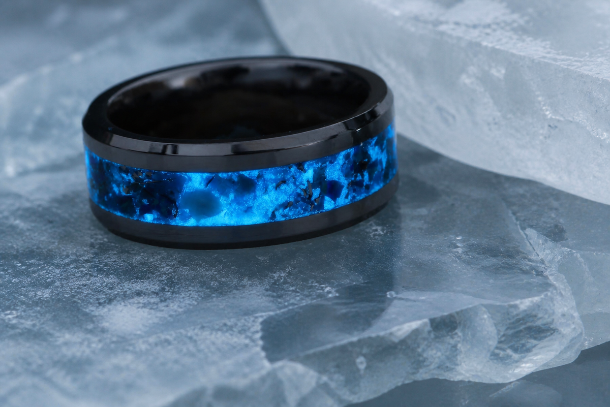 Abyssal Impact luminous blue inlay ring on glacial ice