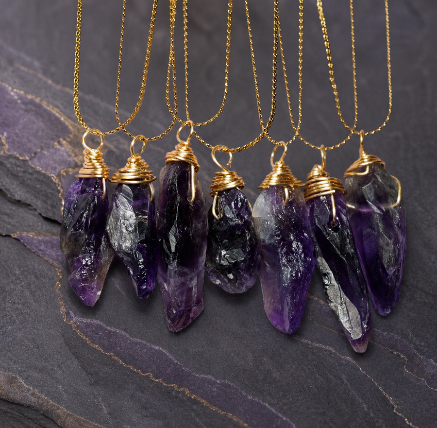 Twilight Vein natural amethyst gold-wrapped pendant necklace, group view