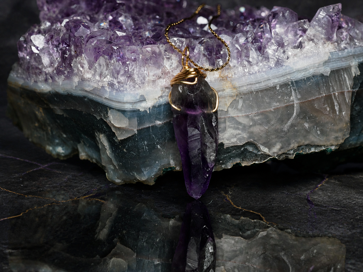Twilight Vein natural amethyst gold-wrapped pendant necklace, mineral detail