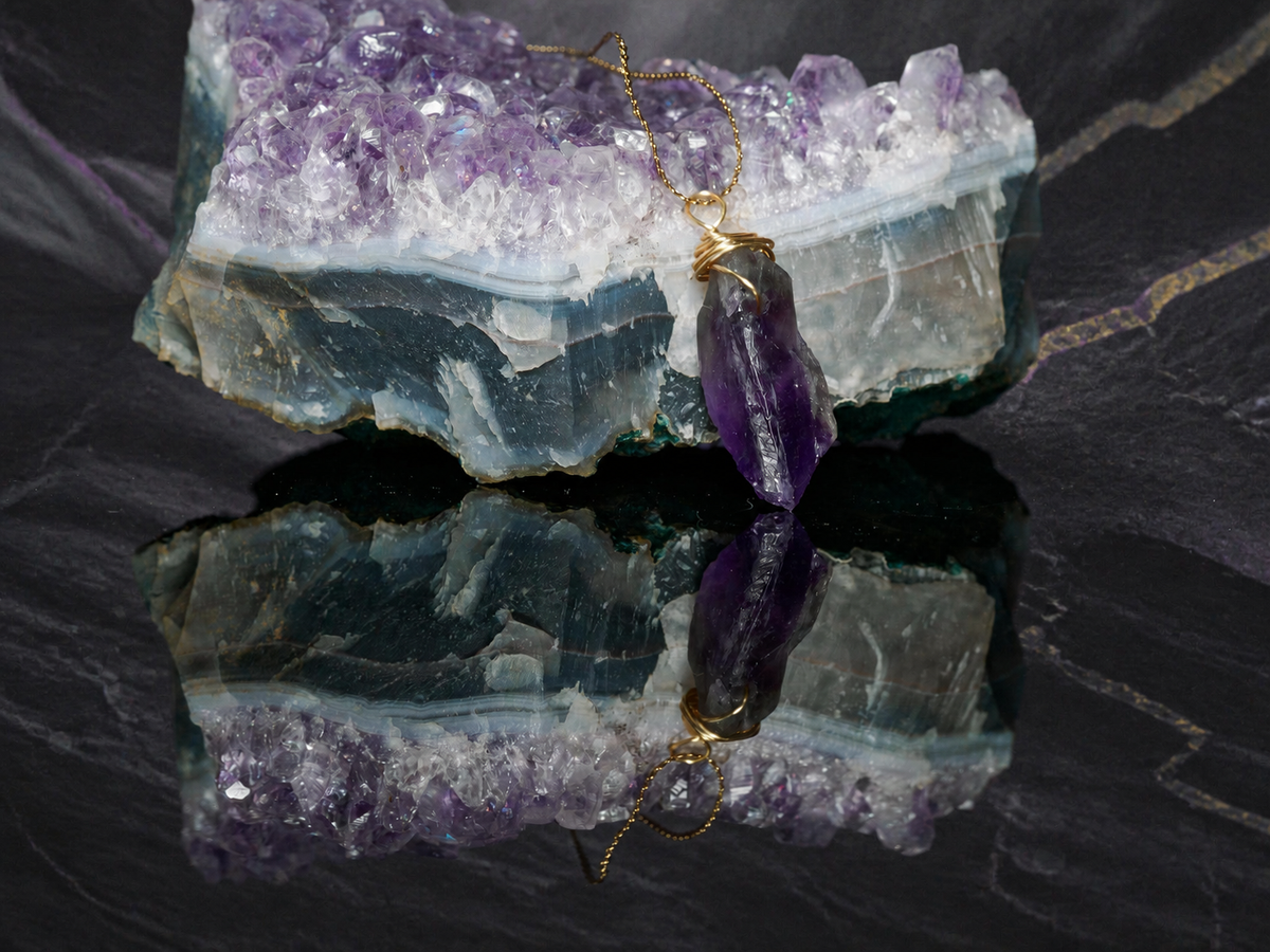 Twilight Vein natural amethyst gold-wrapped pendant necklace, close-up