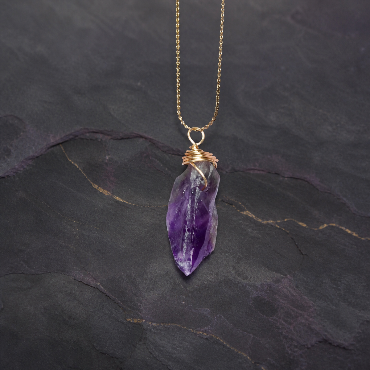Twilight Vein natural amethyst gold-wrapped pendant necklace, front view