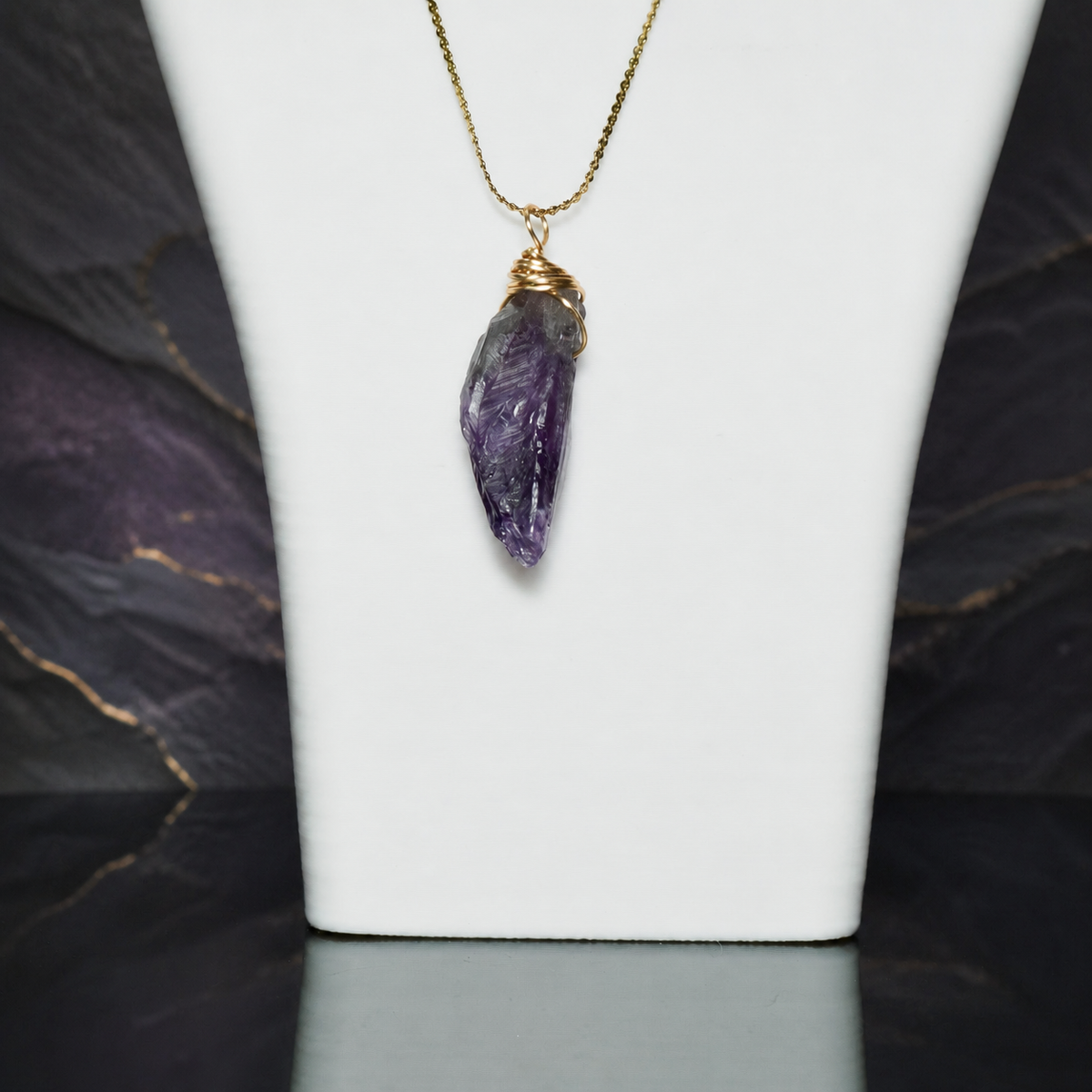 Twilight Vein natural amethyst gold-wrapped pendant necklace, bust view