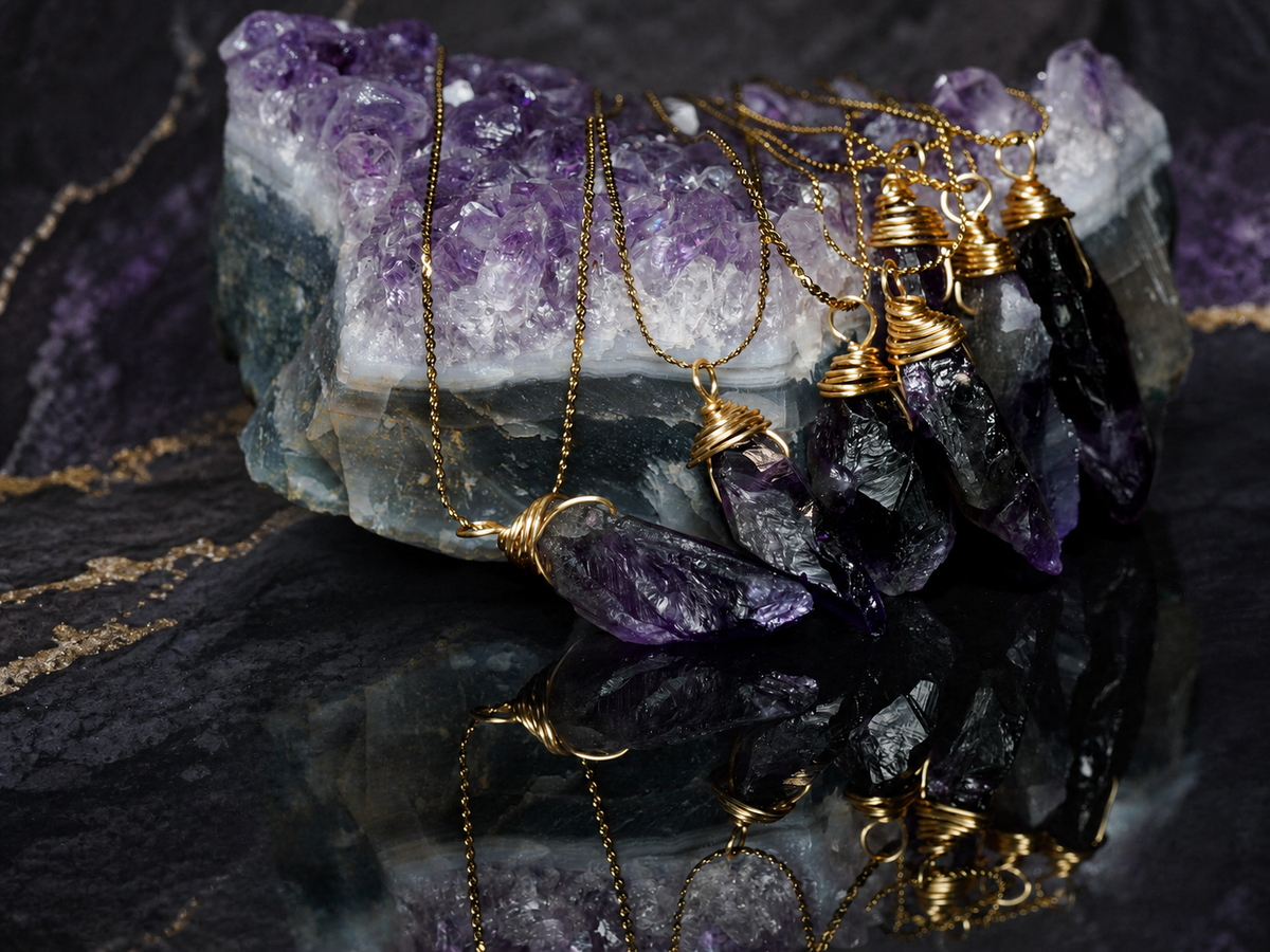 Twilight Vein natural amethyst gold-wrapped pendant necklace, group mineral view