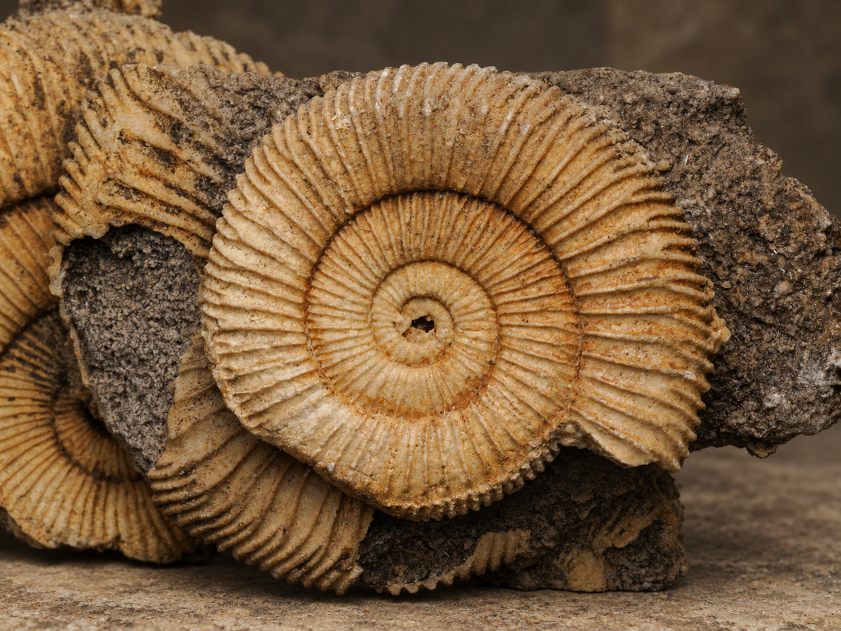 Scottish ammonite cluster, alternate view; AI-styled photograph.