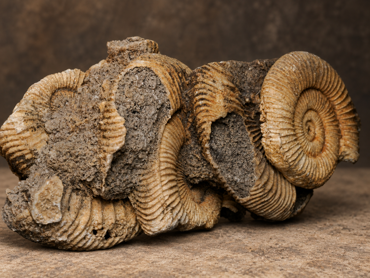 Scottish ammonite cluster, alternate view; AI-styled photograph.