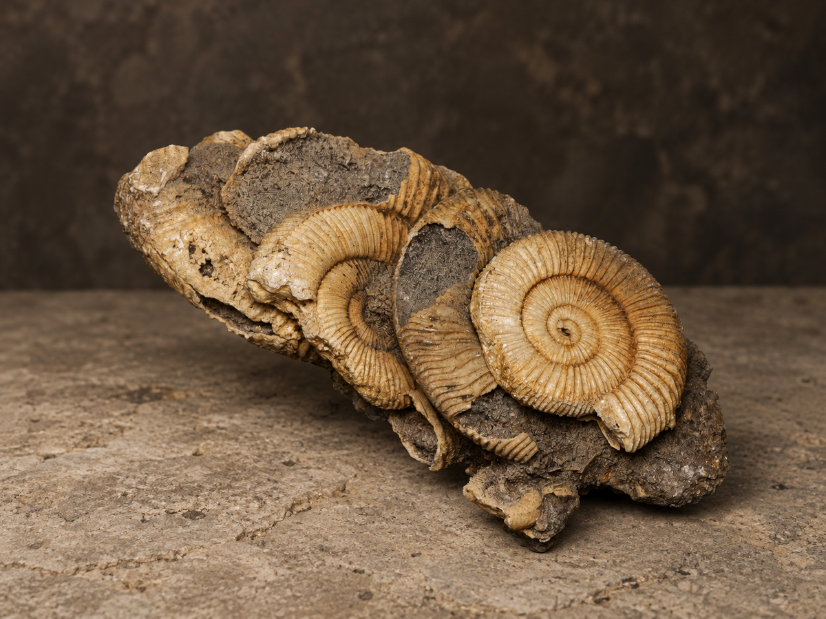 Scottish ammonite cluster, alternate view; AI-styled photograph.