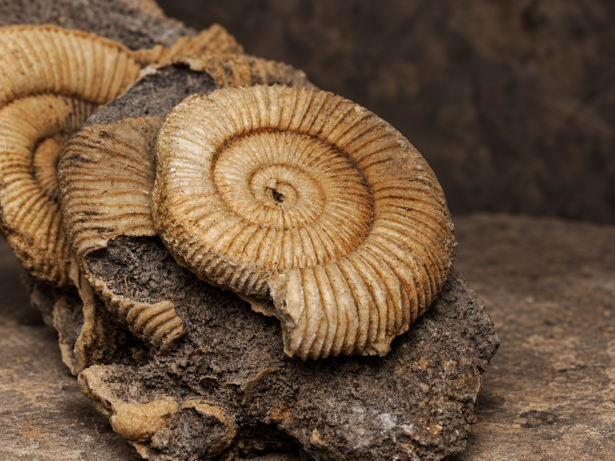 Scottish ammonite cluster, alternate view; AI-styled photograph.