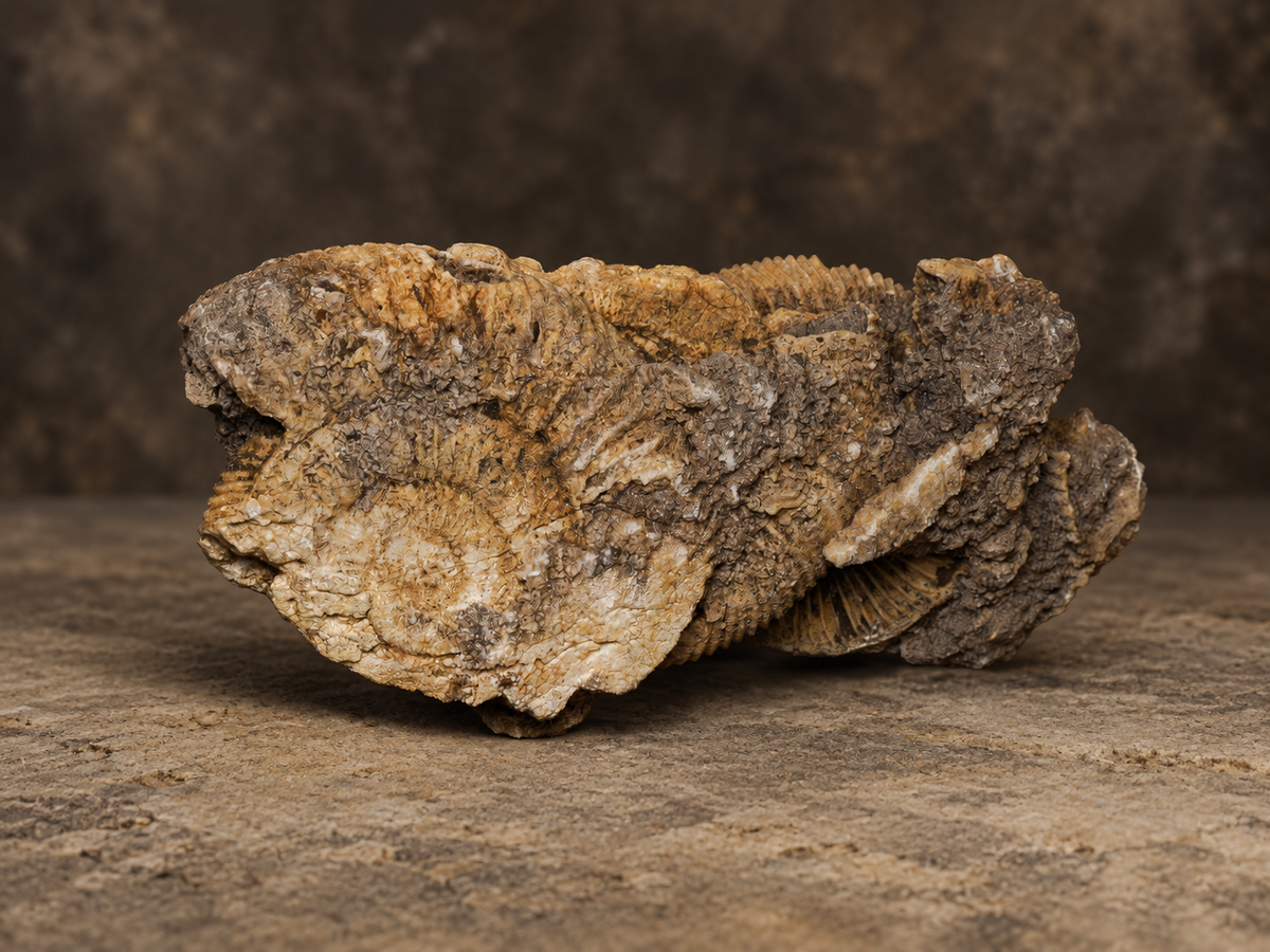Scottish ammonite cluster, alternate view; AI-styled photograph.