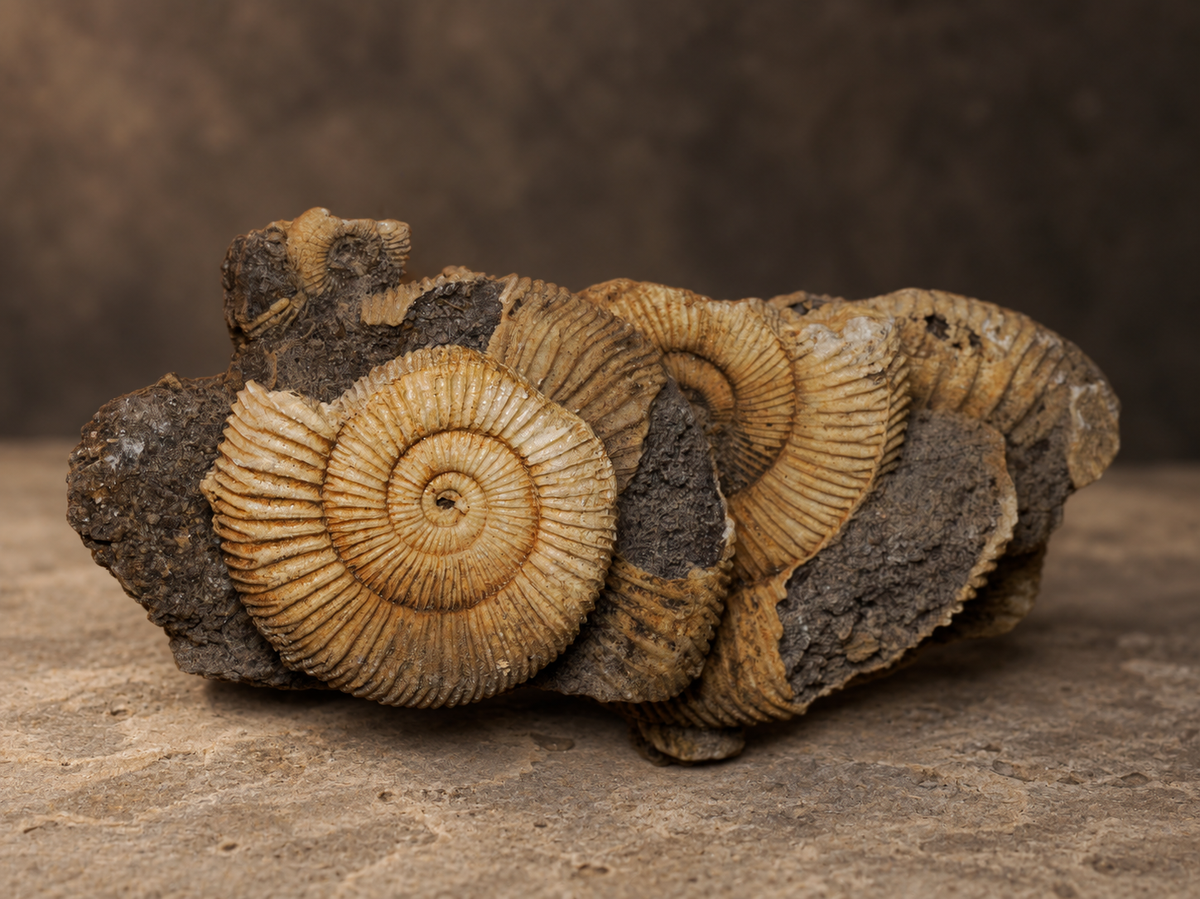 Scottish ammonite cluster, alternate view; AI-styled photograph.