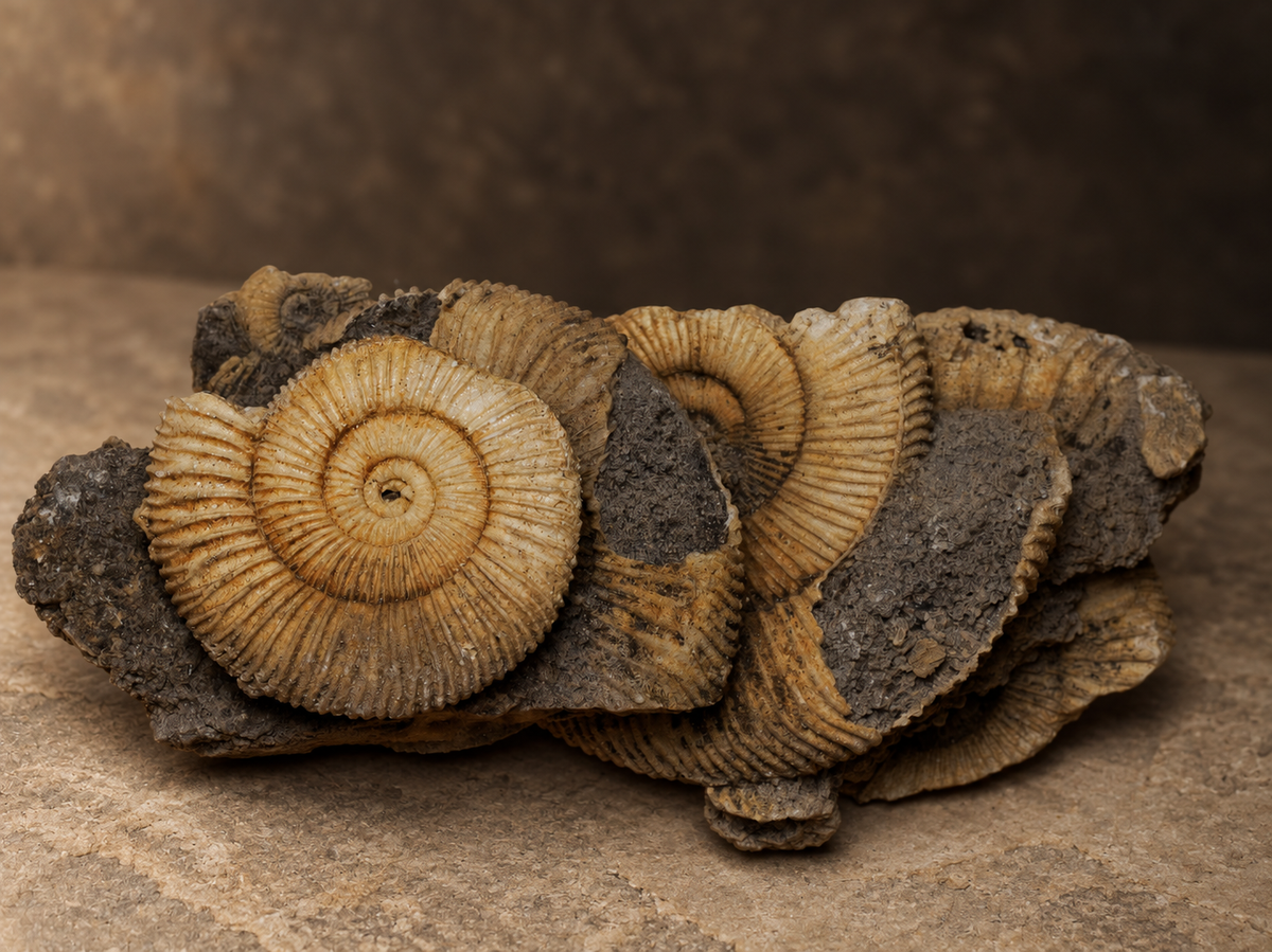Scottish ammonite cluster, alternate view; AI-styled photograph.